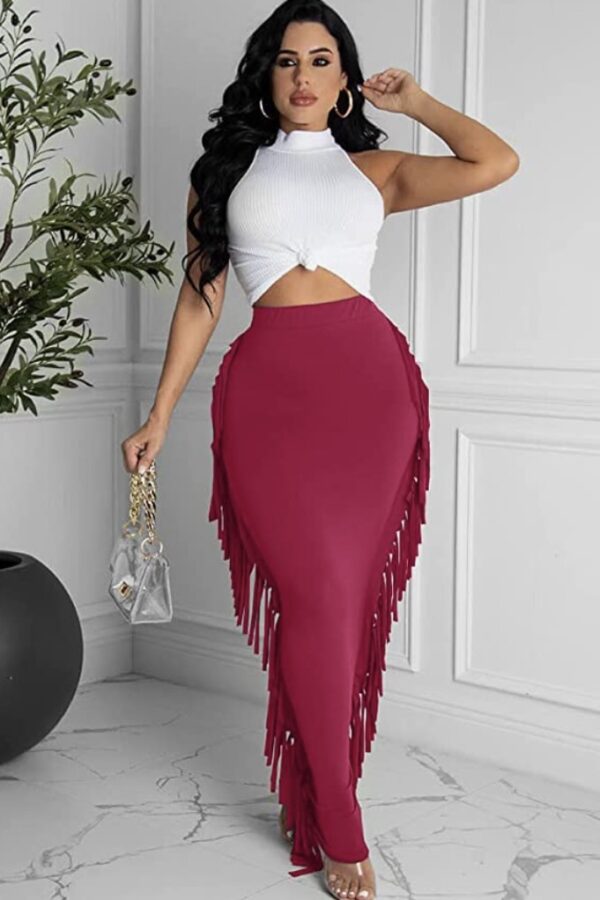 High Waist Tassels Bodycon Pencil Maxi Skirt, ISF - Image 3