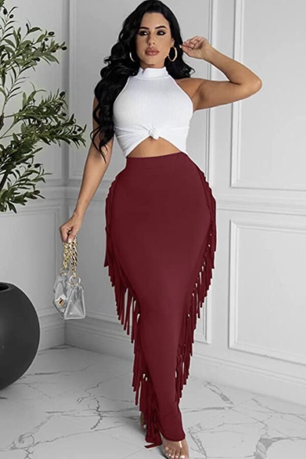 High Waist Tassels Bodycon Pencil Maxi Skirt, ISF - Image 2