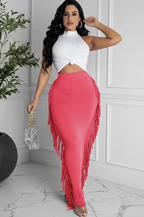 High Waist Tassels Bodycon Pencil Maxi Skirt, ISF