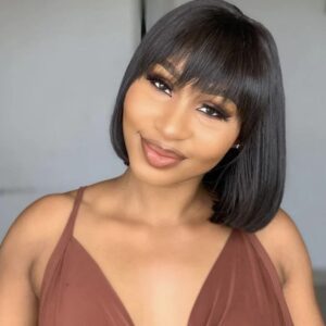 Human Hair Short Bob Wigs With Bangs Natural Black Look