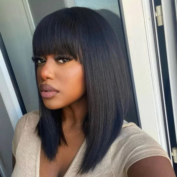 Swiss lace Yaki Straight Bob Wig with Bang