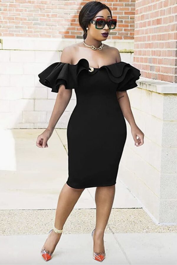 Off Shoulder Ruffled Midi Bodycon Dress