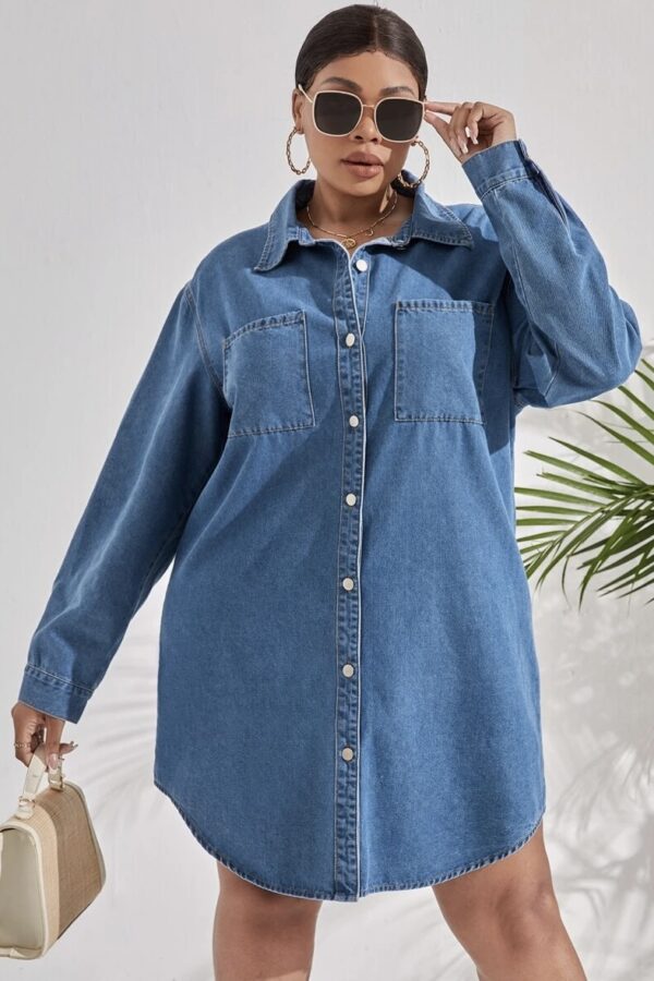 Plus Pocket Patched Denim Shirt Dress, ISF - Image 2