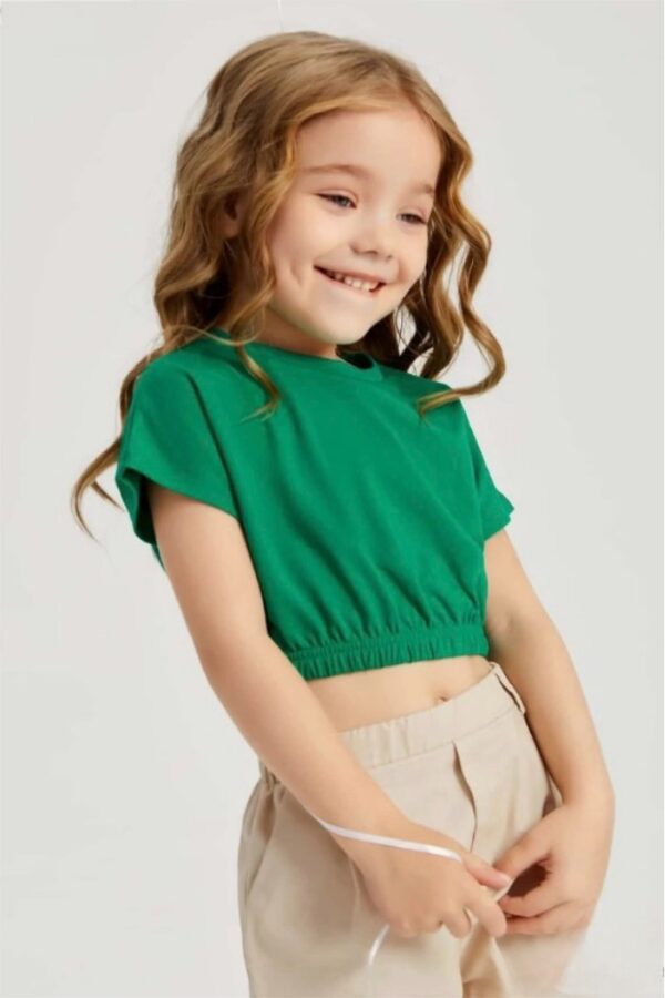 Solid Color Batwing Sleeve Pleated Crop Top, ISP - Image 3