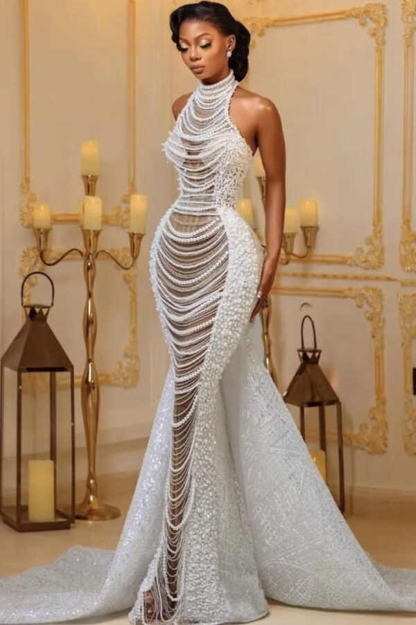 Luxury Mermaid Sleeveless High Neck Pearls Halter Wedding Dress