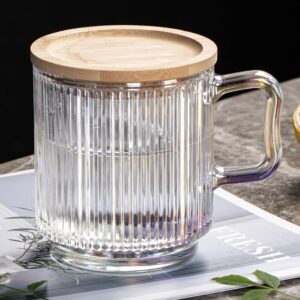 Nica Noel® Clear Glass Coffee Mug with Lid - Premium Classical Vertical Stripes, ISF